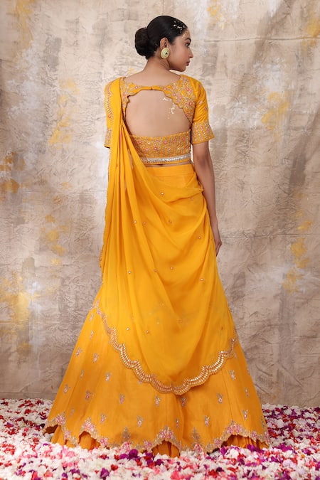 Shop Smriti By Anju Agarwal Yellow Blouse- Silk, Lehenga And Dupatta - Organza Mirror Ojasvi Embroidered Set at Aza Fashions Shop_Smriti By Anju Agarwal_Yellow Blouse- Silk, Lehenga And Dupatta - Organza Mirror Ojasvi Embroidered Set _at_Aza_Fashions