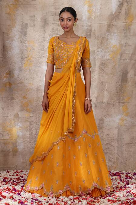 Smriti By Anju Agarwal Yellow Blouse- Silk, Lehenga And Dupatta - Organza Mirror Ojasvi Embroidered Set Online at Aza Fashions Smriti By Anju Agarwal_Yellow Blouse- Silk, Lehenga And Dupatta - Organza Mirror Ojasvi Embroidered Set _Online_at_Aza_Fashions