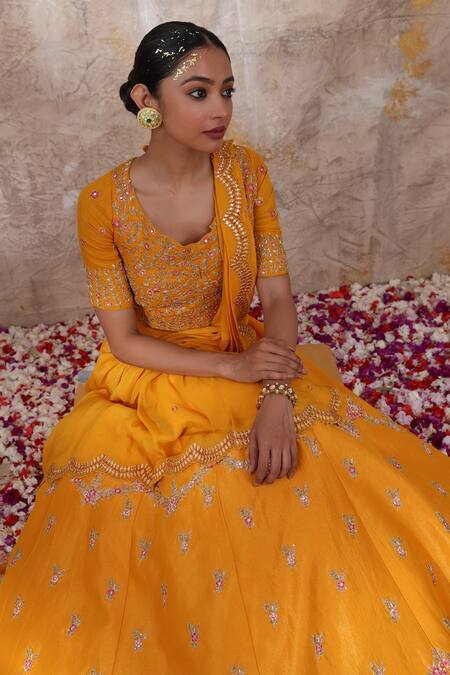 Buy Smriti By Anju Agarwal Yellow Blouse- Silk, Lehenga And Dupatta - Organza Mirror Ojasvi Embroidered Set Online at Aza Fashions Buy_Smriti By Anju Agarwal_Yellow Blouse- Silk, Lehenga And Dupatta - Organza Mirror Ojasvi Embroidered Set _Online_at_Aza_Fashions