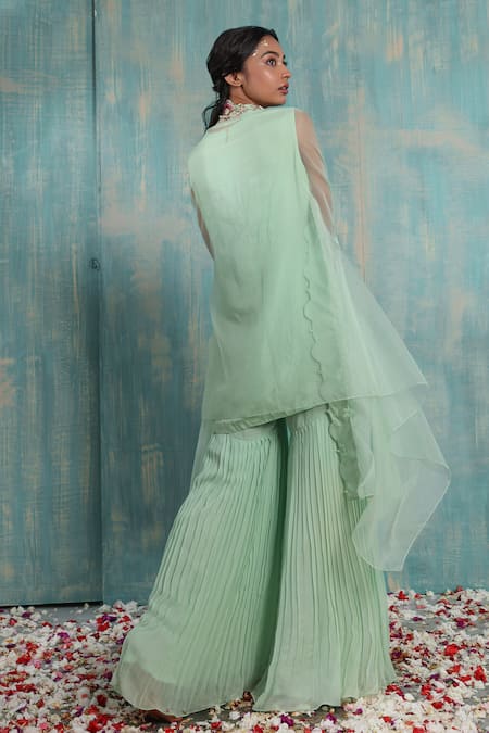 Shop Smriti By Anju Agarwal Green Cape- Net, Kurta- Crepe, Sharara- Georgette Floral Yara Embroidered Set at Aza Fashions Shop_Smriti By Anju Agarwal_Green Cape- Net, Kurta- Crepe, Sharara- Georgette Floral Yara Embroidered Set _at_Aza_Fashions