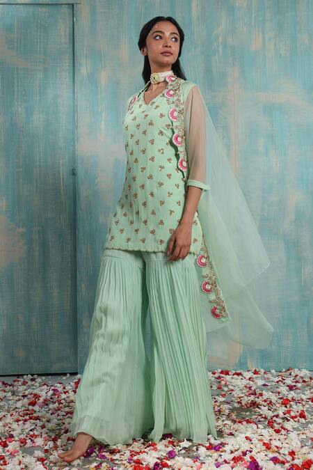 Smriti By Anju Agarwal Green Cape- Net, Kurta- Crepe, Sharara- Georgette Floral Yara Embroidered Set Online at Aza Fashions Smriti By Anju Agarwal_Green Cape- Net, Kurta- Crepe, Sharara- Georgette Floral Yara Embroidered Set _Online_at_Aza_Fashions