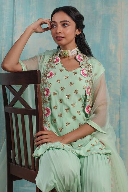 Buy Smriti By Anju Agarwal Green Cape- Net, Kurta- Crepe, Sharara- Georgette Floral Yara Embroidered Set Online at Aza Fashions Buy_Smriti By Anju Agarwal_Green Cape- Net, Kurta- Crepe, Sharara- Georgette Floral Yara Embroidered Set _Online_at_Aza_Fashions