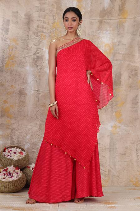 Smriti By Anju Agarwal Red Kurta - Georgette, Palazzo - Chanderi Bandhani Print, Floral Keira And Set 