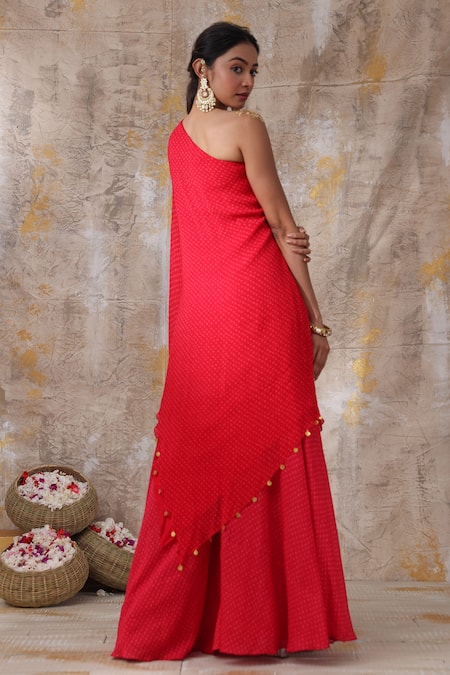 Shop Smriti By Anju Agarwal Red Kurta - Georgette, Palazzo - Chanderi Bandhani Print, Floral Keira And Set at Aza Fashions Shop_Smriti By Anju Agarwal_Red Kurta - Georgette, Palazzo - Chanderi Bandhani Print, Floral Keira And Set _at_Aza_Fashions