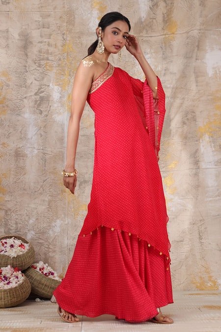 Smriti By Anju Agarwal Red Kurta - Georgette, Palazzo - Chanderi Bandhani Print, Floral Keira And Set Online at Aza Fashions Smriti By Anju Agarwal_Red Kurta - Georgette, Palazzo - Chanderi Bandhani Print, Floral Keira And Set _Online_at_Aza_Fashions