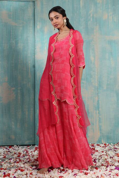 Smriti By Anju Agarwal_Red Cape- Pure Organza, Kurta And Sharara- Georgette Polka Bhumi Printed Set _Online_at_Aza_Fashions