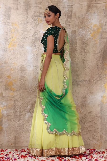 Shop_Smriti By Anju Agarwal_Green Blouse- Silk, Dupatta- Chinnon, Lehenga- Crepe Idhika Embroidered Set _at_Aza_Fashions
