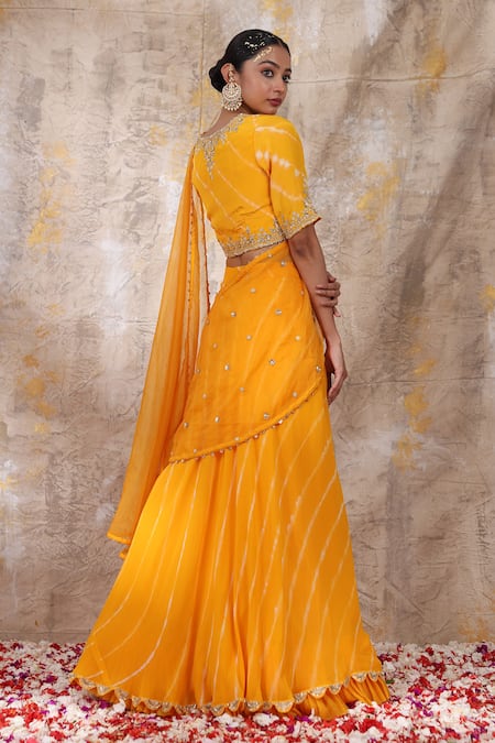 Shop_Smriti By Anju Agarwal_Yellow Blouse And Lehenga- Silk, Dupatta- Organza Aadrika Leheriya Pattern Set _at_Aza_Fashions