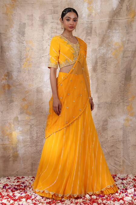 Smriti By Anju Agarwal_Yellow Blouse And Lehenga- Silk, Dupatta- Organza Aadrika Leheriya Pattern Set _Online_at_Aza_Fashions