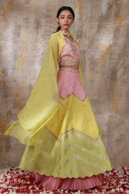 Smriti By Anju Agarwal Pink Blouse And Lehenga- Silk, Dupatta- Organza Floral, Mya Embroidered Set Online at Aza Fashions Smriti By Anju Agarwal_Pink Blouse And Lehenga- Silk, Dupatta- Organza Floral, Mya Embroidered Set _Online_at_Aza_Fashions