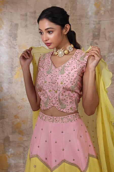 Buy Smriti By Anju Agarwal Pink Blouse And Lehenga- Silk, Dupatta- Organza Floral, Mya Embroidered Set Online at Aza Fashions Buy_Smriti By Anju Agarwal_Pink Blouse And Lehenga- Silk, Dupatta- Organza Floral, Mya Embroidered Set _Online_at_Aza_Fashions