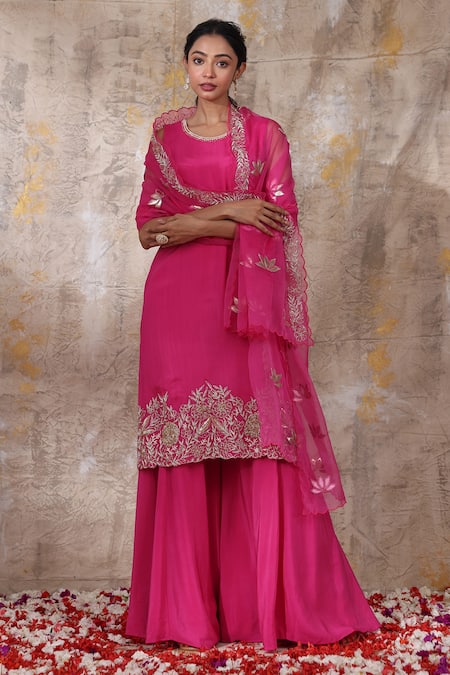 Buy Pink Kurta- Chinnon Embroidery Floral Round Gaatha Sharara Set For ...