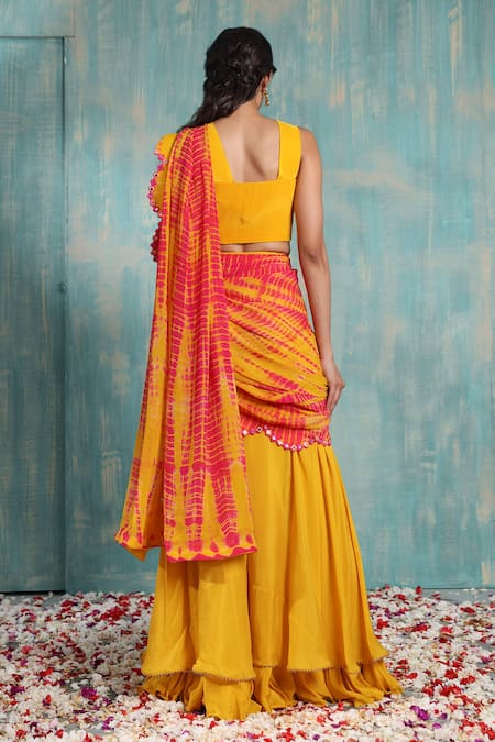 Shop Smriti By Anju Agarwal Yellow Blouse- Crepe, Dupatta- Georgette, Sharara- Ragavi Set With Tie Dye at Aza Fashions Shop_Smriti By Anju Agarwal_Yellow Blouse- Crepe, Dupatta- Georgette, Sharara- Ragavi Set With Tie Dye _at_Aza_Fashions