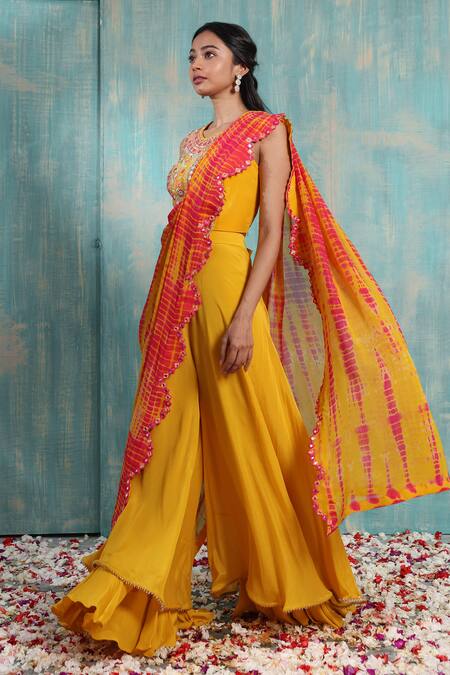 Smriti By Anju Agarwal Yellow Blouse- Crepe, Dupatta- Georgette, Sharara- Ragavi Set With Tie Dye Online at Aza Fashions Smriti By Anju Agarwal_Yellow Blouse- Crepe, Dupatta- Georgette, Sharara- Ragavi Set With Tie Dye _Online_at_Aza_Fashions