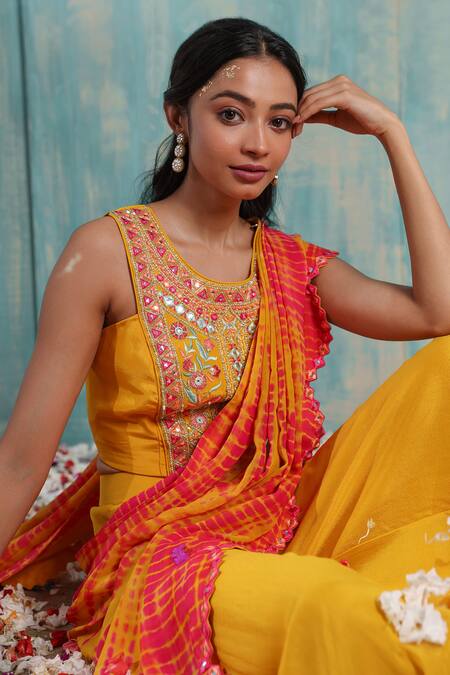 Buy Smriti By Anju Agarwal Yellow Blouse- Crepe, Dupatta- Georgette, Sharara- Ragavi Set With Tie Dye Online at Aza Fashions Buy_Smriti By Anju Agarwal_Yellow Blouse- Crepe, Dupatta- Georgette, Sharara- Ragavi Set With Tie Dye _Online_at_Aza_Fashions
