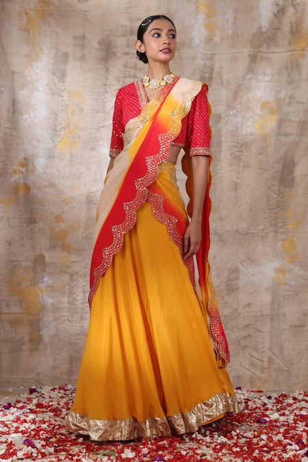 LOOKNBOOK ART Yellow & Red Embellished Sequinned Semi-Stitched Lehenga &  Unstitched Blouse With Dupatta Price in India, Full Specifications & Offers  | DTashion.com