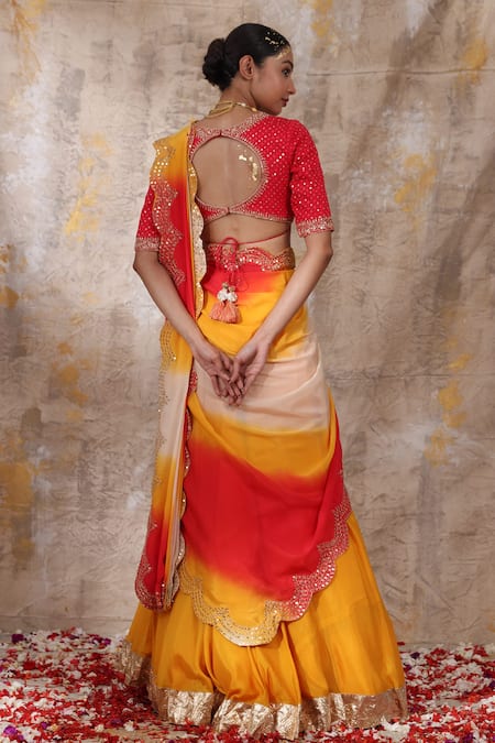 Shop Smriti By Anju Agarwal Yellow Blouse- Silk, Lehenga And Dupatta- Chinnon Kaakali Set With Printed at Aza Fashions Shop_Smriti By Anju Agarwal_Yellow Blouse- Silk, Lehenga And Dupatta- Chinnon Kaakali Set With Printed _at_Aza_Fashions