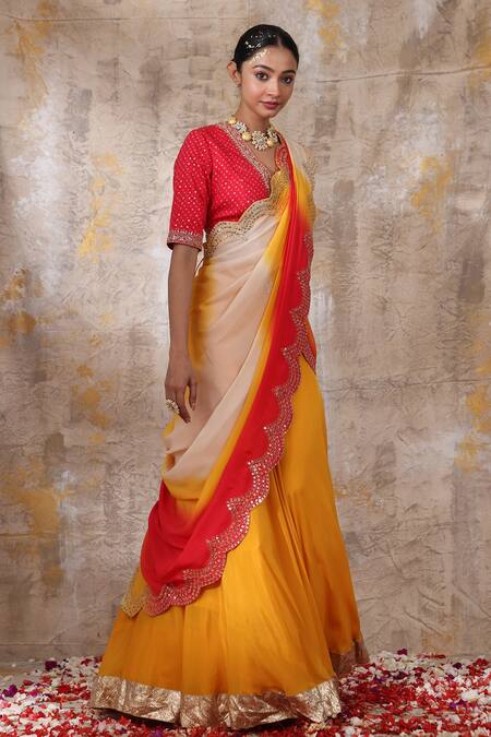 Smriti By Anju Agarwal Yellow Blouse- Silk, Lehenga And Dupatta- Chinnon Kaakali Set With Printed Online at Aza Fashions Smriti By Anju Agarwal_Yellow Blouse- Silk, Lehenga And Dupatta- Chinnon Kaakali Set With Printed _Online_at_Aza_Fashions