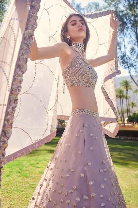 Shop Sahil Kochhar Purple Silk Organza V Neck Aafa Bridal Lehenga Set at Aza Fashions Shop_Sahil Kochhar_Purple Silk Organza V Neck Aafa Bridal Lehenga Set _at_Aza_Fashions