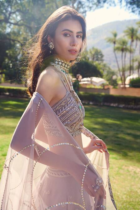 Sahil Kochhar Purple Silk Organza V Neck Aafa Bridal Lehenga Set Online at Aza Fashions Sahil Kochhar_Purple Silk Organza V Neck Aafa Bridal Lehenga Set _Online_at_Aza_Fashions