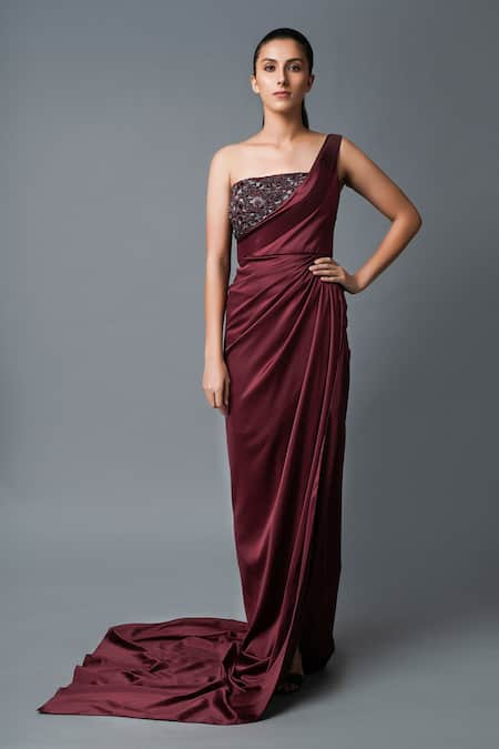 Amit Aggarwal Maroon Satin One Shoulder Gown