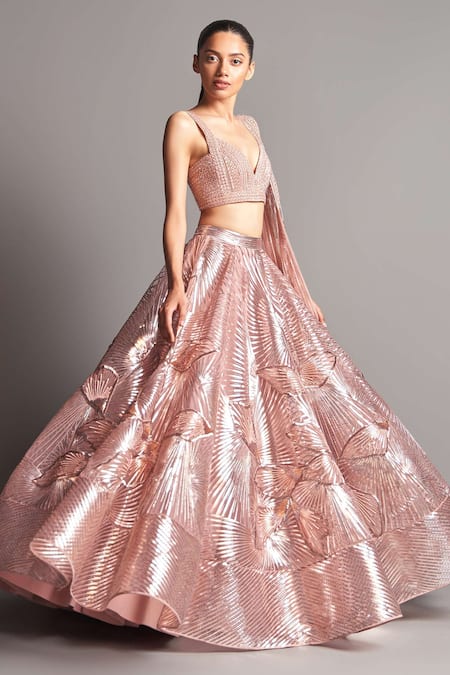 Amit Aggarwal Pink Tulle V Neck Metallic Embroidered Bridal Lehenga Set  