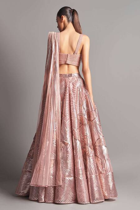 Shop_Amit Aggarwal_Pink Tulle, Mesh V Neck Metallic Embroidered Bridal Lehenga Set_at_Aza_Fashions