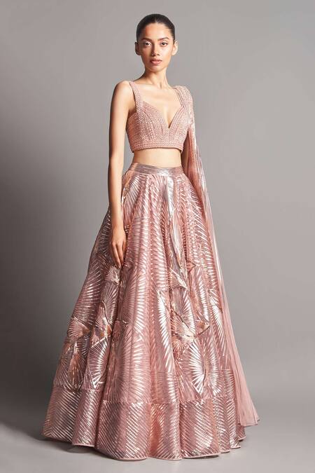 Amit Aggarwal_Pink Tulle, Mesh V Neck Metallic Embroidered Bridal Lehenga Set_Online_at_Aza_Fashions