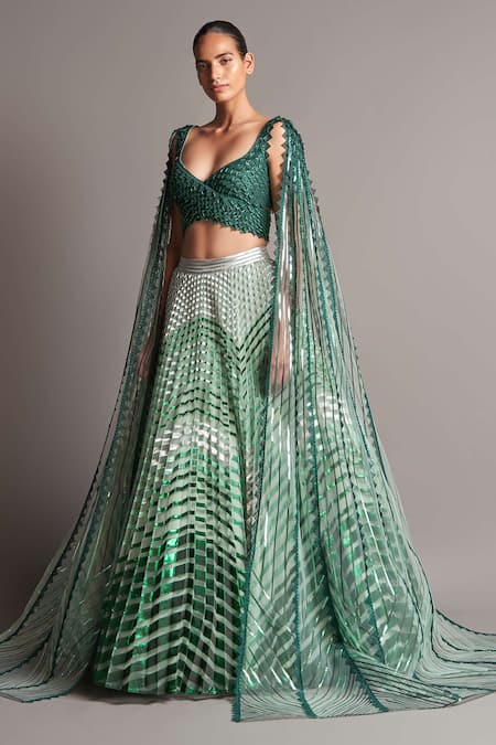 Amit Aggarwal Green Tulle V Neck Metallic Draped Blouse And Lehenga Set Online at Aza Fashions Amit Aggarwal_Green Tulle V Neck Metallic Draped Blouse And Lehenga Set _Online_at_Aza_Fashions