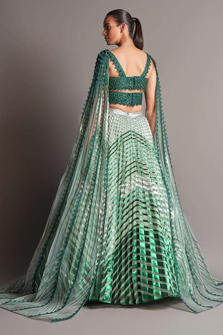 Shop Amit Aggarwal Green Tulle V Neck Metallic Draped Blouse And Lehenga Set at Aza Fashions Shop_Amit Aggarwal_Green Tulle V Neck Metallic Draped Blouse And Lehenga Set _at_Aza_Fashions