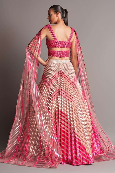 Shop Amit Aggarwal Pink Tulle V Neck Metallic Draped Blouse And Lehenga Set at Aza Fashions Shop_Amit Aggarwal_Pink Tulle V Neck Metallic Draped Blouse And Lehenga Set _at_Aza_Fashions