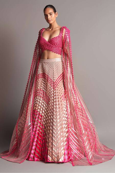 Amit Aggarwal Pink Tulle V Neck Metallic Draped Blouse And Lehenga Set Online at Aza Fashions Amit Aggarwal_Pink Tulle V Neck Metallic Draped Blouse And Lehenga Set _Online_at_Aza_Fashions