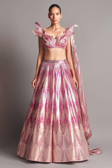 Amit Aggarwal Metallic 3D Draped Blouse & Lehenga Set