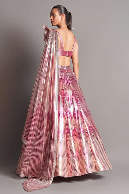 Shop Amit Aggarwal Pink Tulle V Neck Metallic 3d Draped Blouse And Lehenga Set at Aza Fashions Shop_Amit Aggarwal_Pink Tulle V Neck Metallic 3d Draped Blouse And Lehenga Set _at_Aza_Fashions