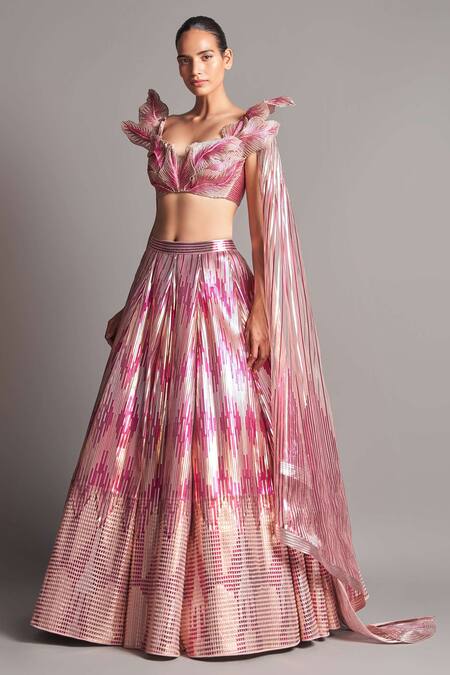 Amit Aggarwal Pink Tulle V Neck Metallic 3d Draped Blouse And Lehenga Set Online at Aza Fashions Amit Aggarwal_Pink Tulle V Neck Metallic 3d Draped Blouse And Lehenga Set _Online_at_Aza_Fashions