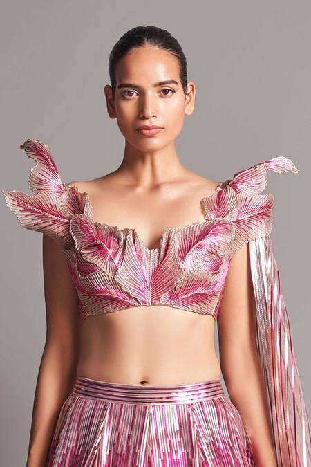 Buy Amit Aggarwal Pink Tulle V Neck Metallic 3d Draped Blouse And Lehenga Set Online at Aza Fashions Buy_Amit Aggarwal_Pink Tulle V Neck Metallic 3d Draped Blouse And Lehenga Set _Online_at_Aza_Fashions