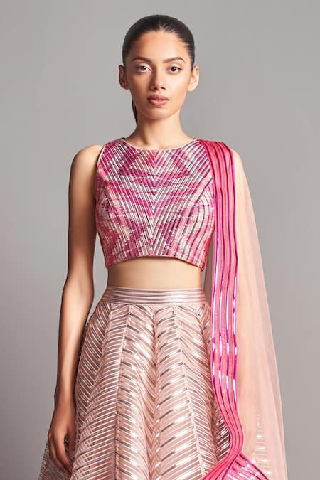 Buy_Amit Aggarwal_Pink Organza Round Metallic Chevron Bridal Lehenga Set  _Online_at_Aza_Fashions