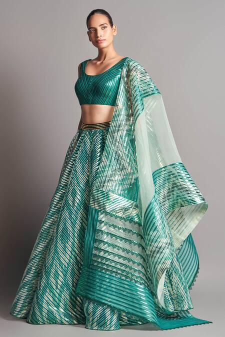 Amit Aggarwal Green Silk Organza, Polymer Round Metallic Chevron Bridal Lehenga Set Online at Aza Fashions Amit Aggarwal_Green Silk Organza, Polymer Round Metallic Chevron Bridal Lehenga Set _Online_at_Aza_Fashions