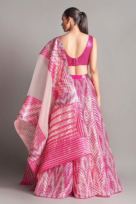 Shop Amit Aggarwal Pink Silk Organza, Polymer Round Metallic Chevron Bridal Lehenga Set at Aza Fashions Shop_Amit Aggarwal_Pink Silk Organza, Polymer Round Metallic Chevron Bridal Lehenga Set _at_Aza_Fashions