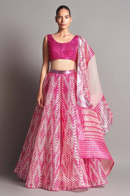 Amit Aggarwal Pink Silk Organza, Polymer Round Metallic Chevron Bridal Lehenga Set Online at Aza Fashions Amit Aggarwal_Pink Silk Organza, Polymer Round Metallic Chevron Bridal Lehenga Set _Online_at_Aza_Fashions