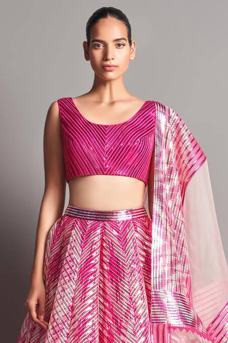 Buy Amit Aggarwal Pink Silk Organza, Polymer Round Metallic Chevron Bridal Lehenga Set Online at Aza Fashions Buy_Amit Aggarwal_Pink Silk Organza, Polymer Round Metallic Chevron Bridal Lehenga Set _Online_at_Aza_Fashions