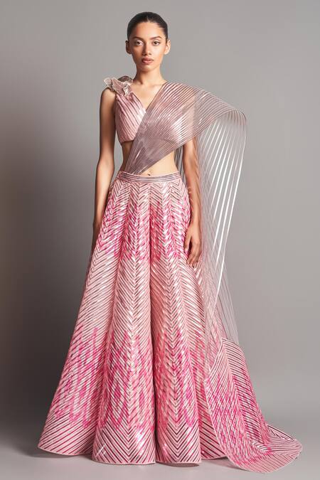 Amit Aggarwal_Pink Tulle V Neck Metallic Lehenga Set_Online_at_Aza_Fashions
