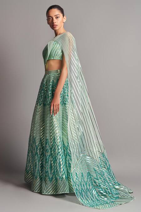 Amit Aggarwal_Green Tulle V Neck Metallic Lehenga Set_Online_at_Aza_Fashions