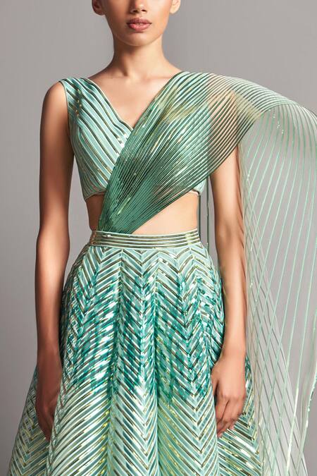 Buy_Amit Aggarwal_Green Tulle V Neck Metallic Lehenga Set_Online_at_Aza_Fashions