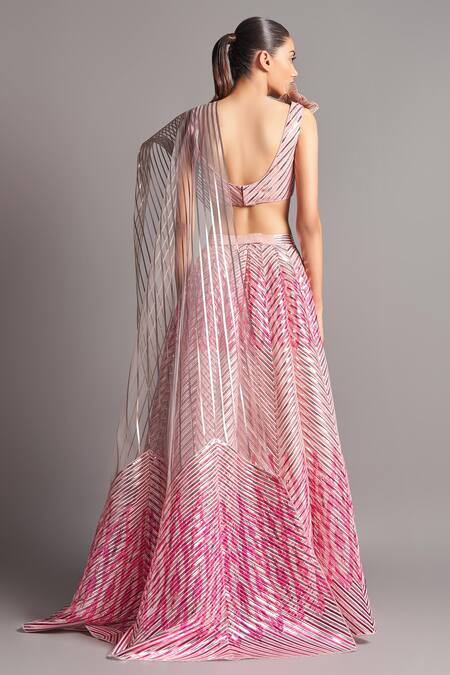 Shop_Amit Aggarwal_Pink Tulle V Neck Metallic Lehenga Set_at_Aza_Fashions
