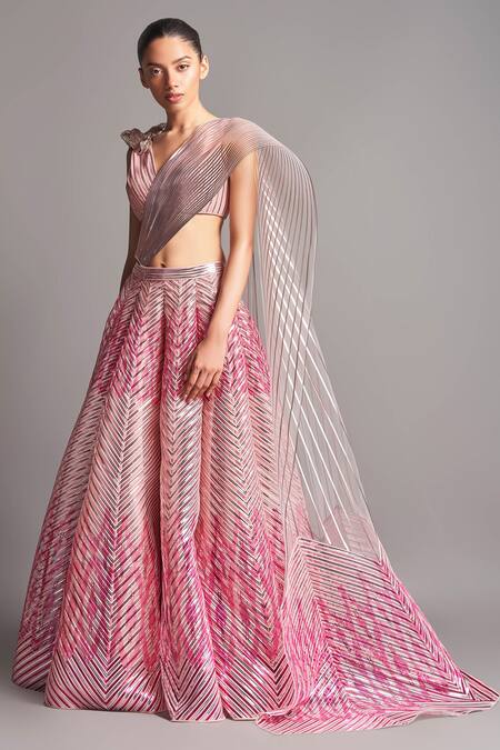 Buy_Amit Aggarwal_Pink Tulle V Neck Metallic Lehenga Set_Online_at_Aza_Fashions