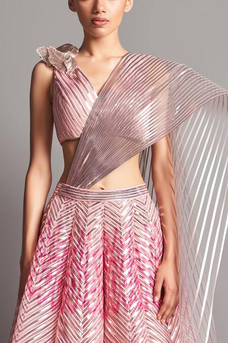 Shop_Amit Aggarwal_Pink Tulle V Neck Metallic Lehenga Set_Online_at_Aza_Fashions