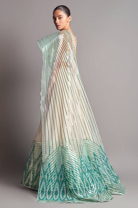 Amit Aggarwal_White Tulle V Neck Metallic Lehenga Set_Online_at_Aza_Fashions