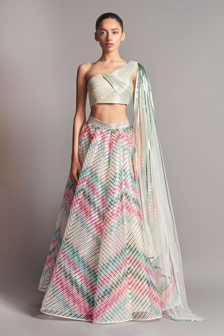 Amit Aggarwal Metallic Draped Blouse & Lehenga Set