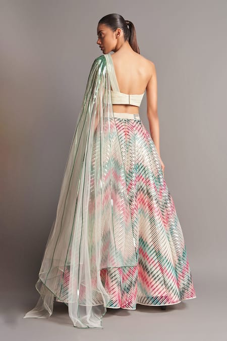 Shop Amit Aggarwal Multi Color Tulle Asymmetric Metallic Draped Blouse And Lehenga Set at Aza Fashions Shop_Amit Aggarwal_Multi Color Tulle Asymmetric Metallic Draped Blouse And Lehenga Set _at_Aza_Fashions